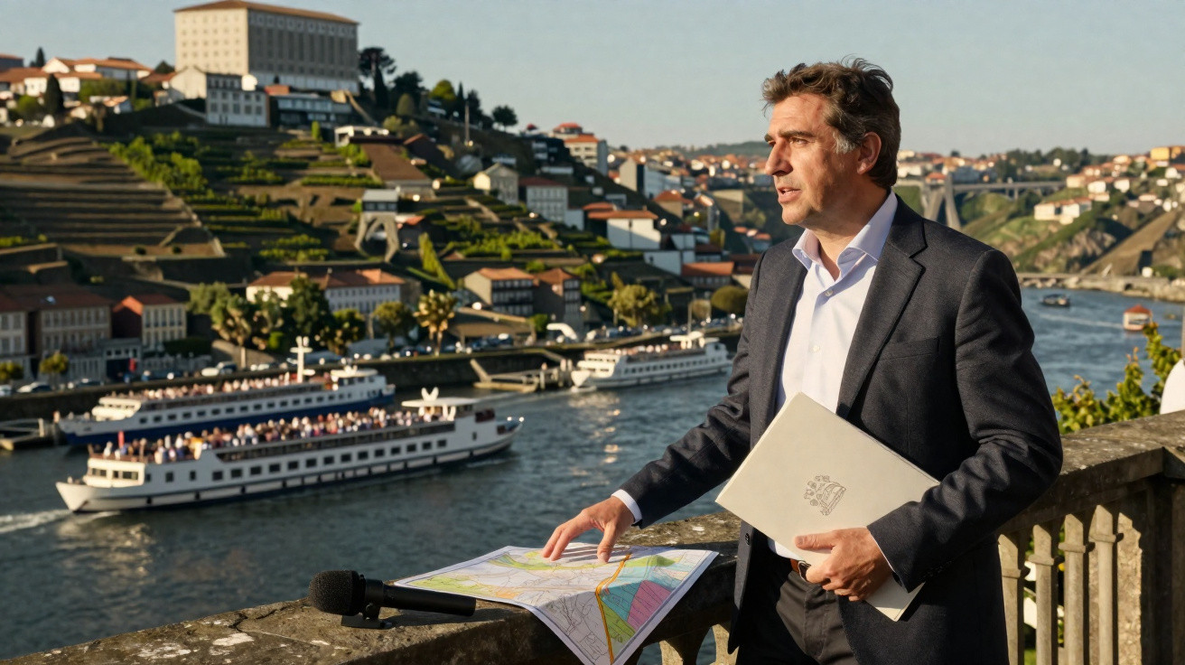 Homem de terno ao ar livre com mapa e pasta na mão, rio e barcos ao fundo em cidade histórica.