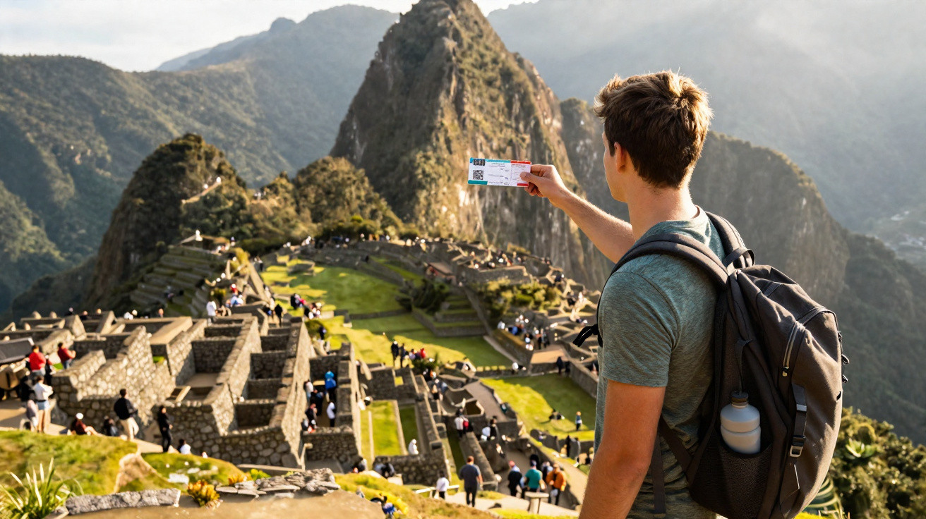 Turista com mochila segura ingresso e observa as ruínas de Machu Picchu em dia ensolarado.