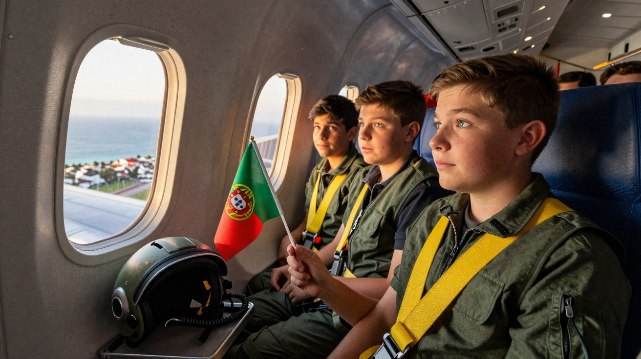 Três jovens em uniforme militar observam pela janela de avião, um segura a bandeira de Portugal.