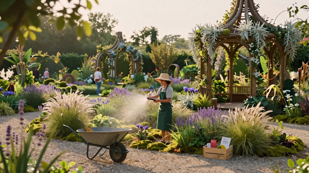 Pessoa regando plantas em um jardim florido com lavandas, grama ornamental e estruturas decorativas de madeira.