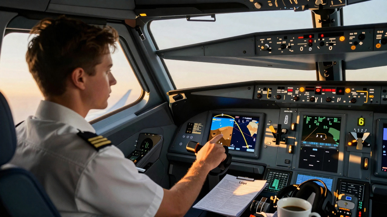 Piloto masculino em uniforme operando instrumentos na cabine moderna de um avião durante o voo ao amanhecer.
