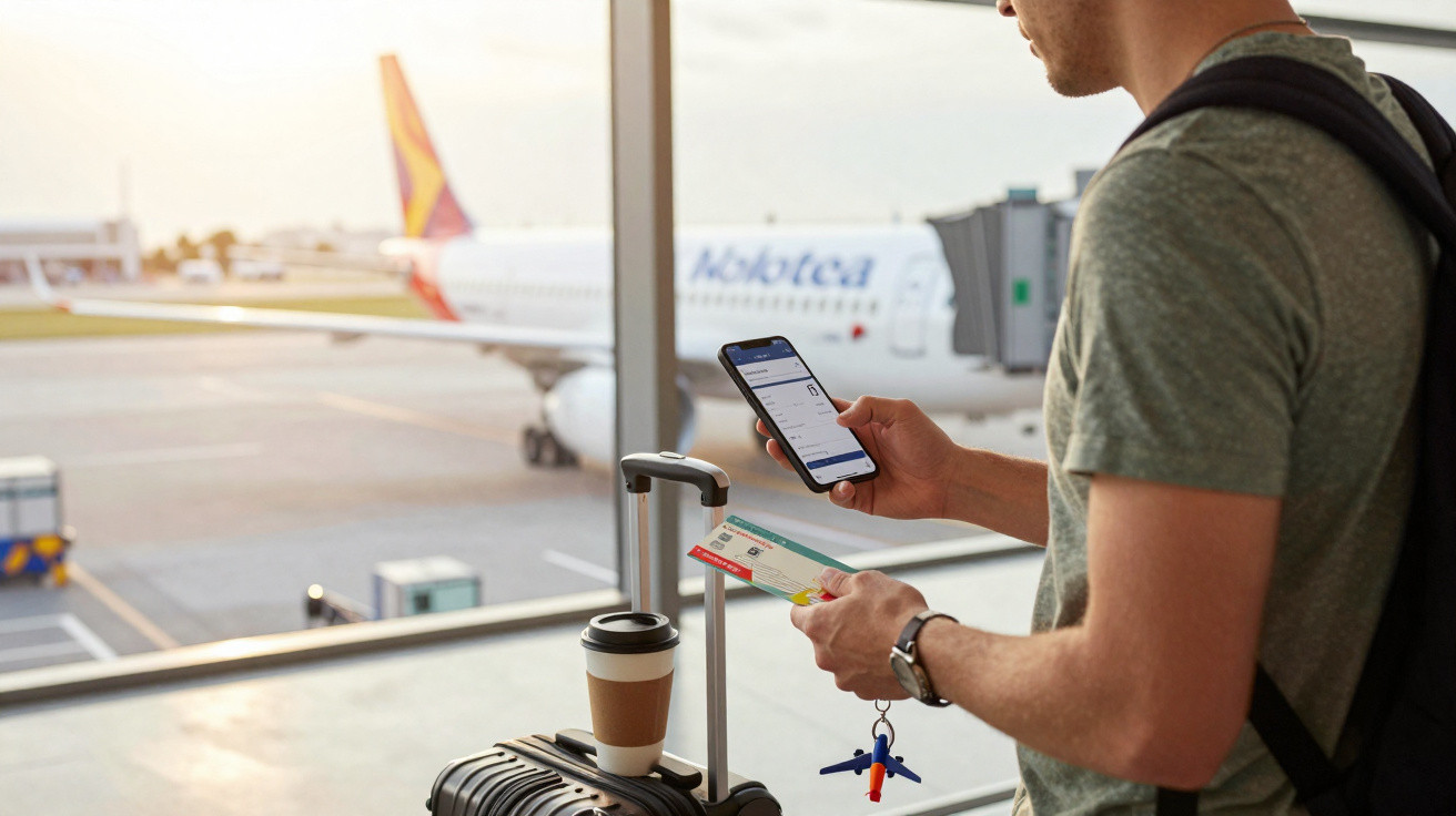 Homem no aeroporto segurando celular e cartão de embarque com avião ao fundo e mala com café.