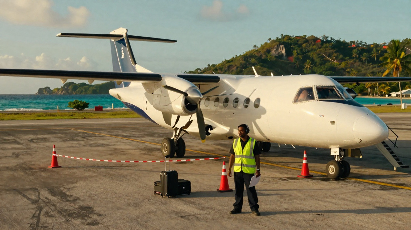 Avião branco estacionado em pista próxima ao mar, com homem de colete refletivo ao lado.