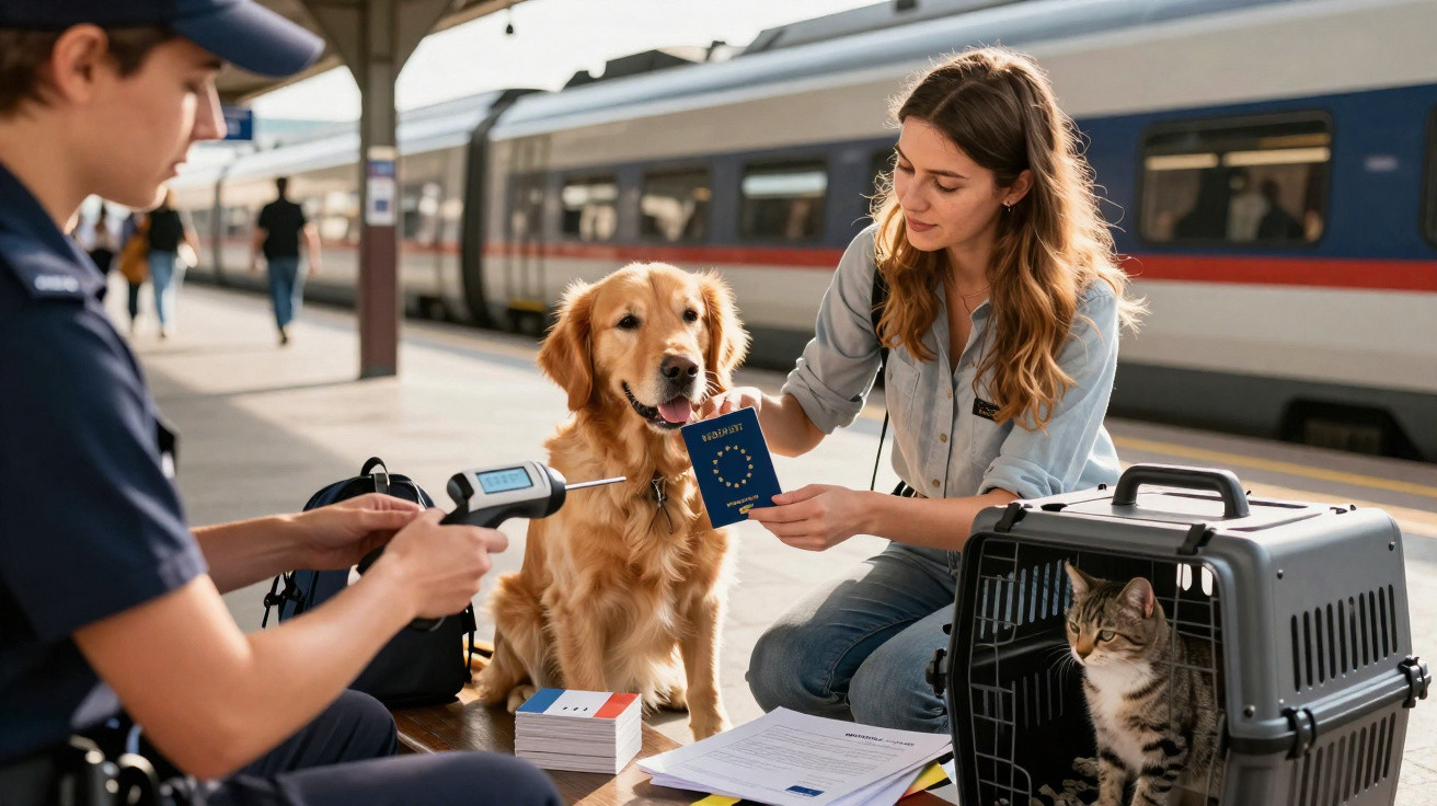 Mulher com cão e gato na estação, mostrando passaporte para oficial inspecionar o animal com scanner.