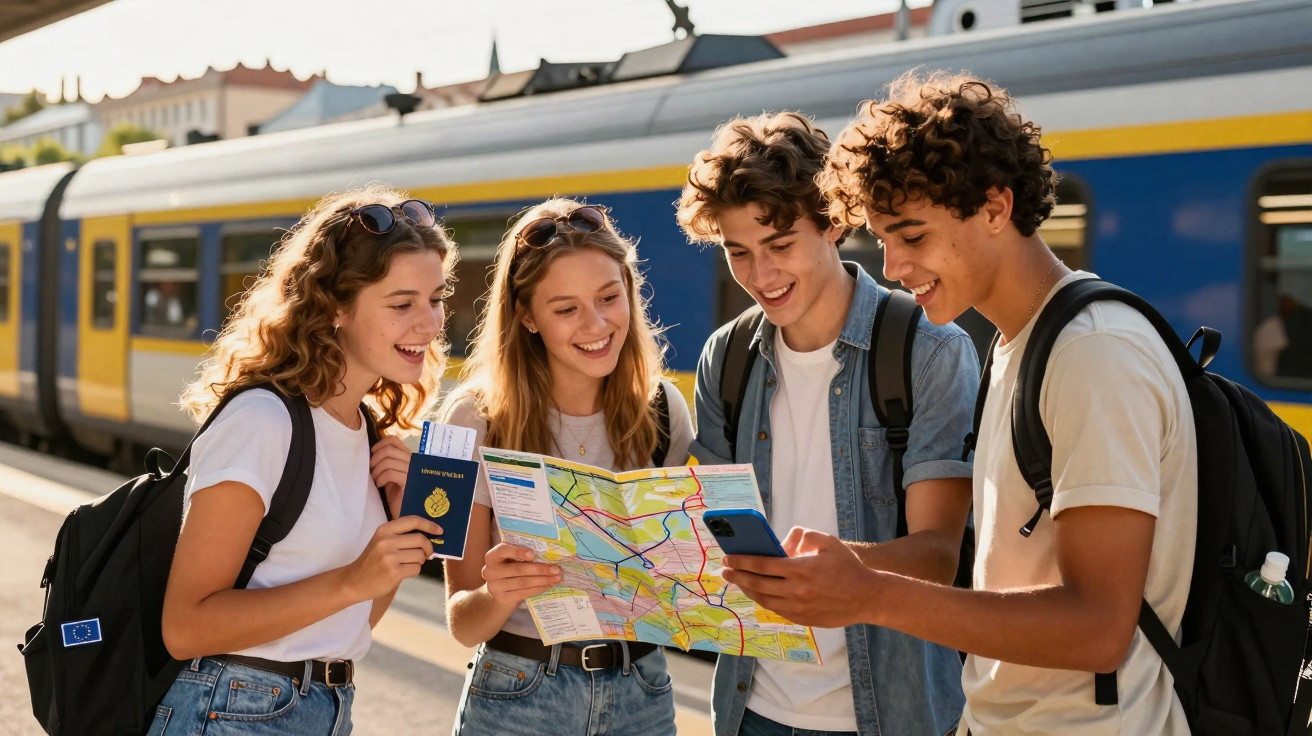 Quatro jovens turistas sorrindo consultam um mapa e celular na estação de trem, com um trem ao fundo.