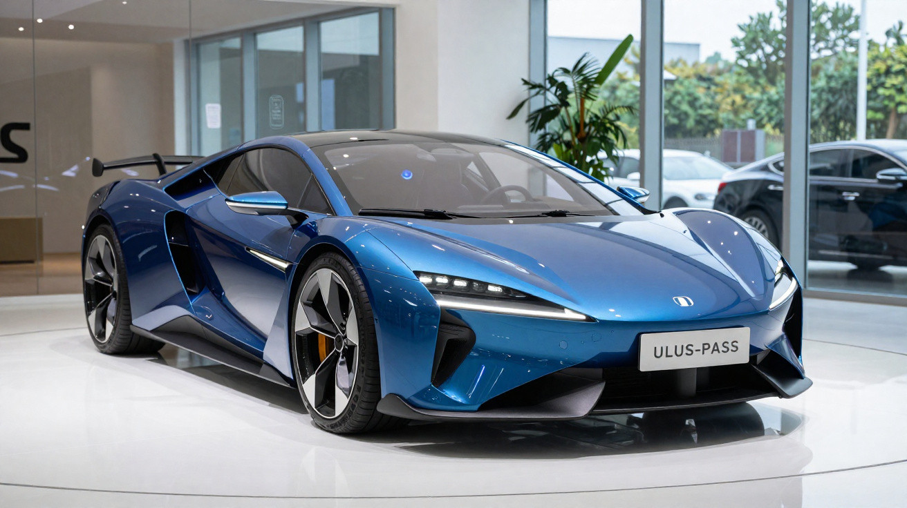 Carro esportivo azul metálico exibido em showroom com design moderno e aerodinâmico, placa ULUS-PASS.
