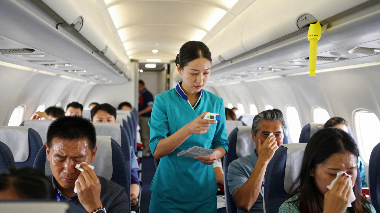 Comissária de bordo medindo temperatura de passageiros visivelmente desconfortáveis dentro de avião.