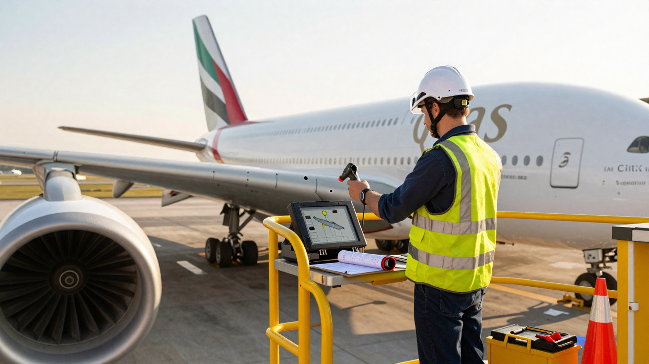 Técnico com colete refletivo e capacete operando equipamento perto de avião da Emirates no aeroporto.