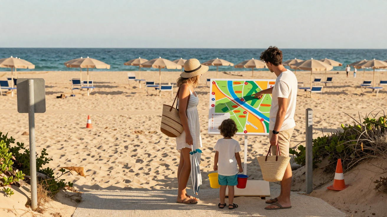 Família consultando mapa na entrada da praia com mar, guarda-sóis e cadeiras ao fundo.