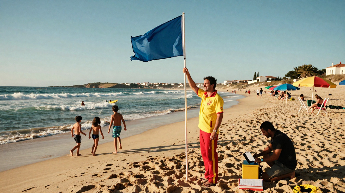 Salvador de praia segurando bandeira azul enquanto crianças brincam na areia e homem usa laptop ao lado.