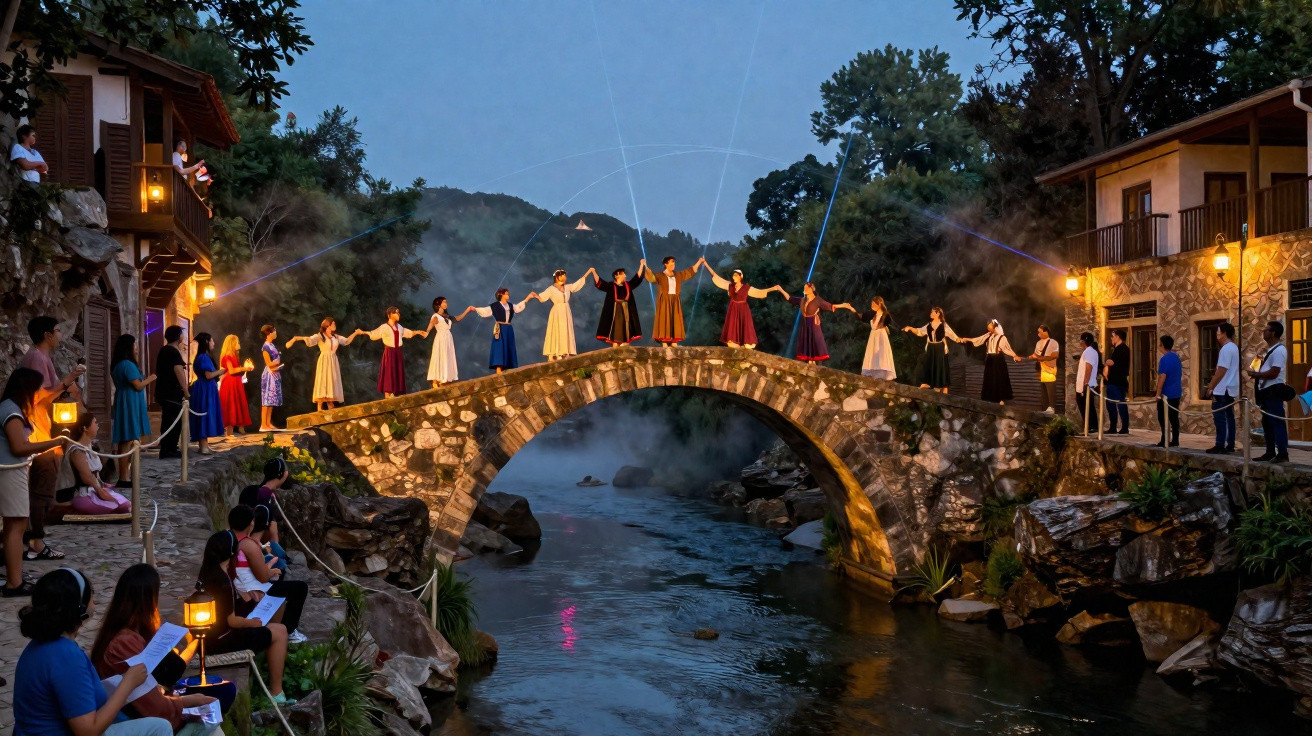 Grupo de pessoas de mãos dadas em ponte de pedra sobre rio ao entardecer, com plateia ao redor.