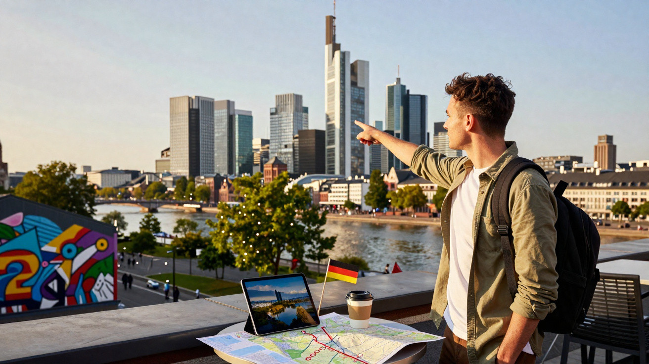 Jovem turista apontando para prédios de Frankfurt, com mapa, tablet e café em mesa ao ar livre.