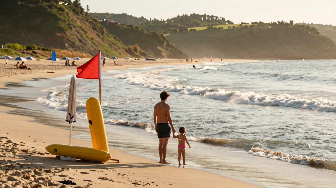 Homem e criança de mãos dadas caminham à beira-mar em praia com ondas e cadeiras de guarda-sol ao fundo.