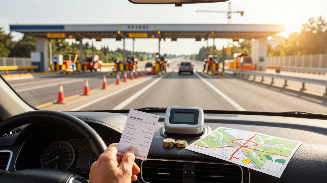 Vista do interior do carro com mapa, moedas e ticket na mão, aproximando-se de pedágio na estrada.