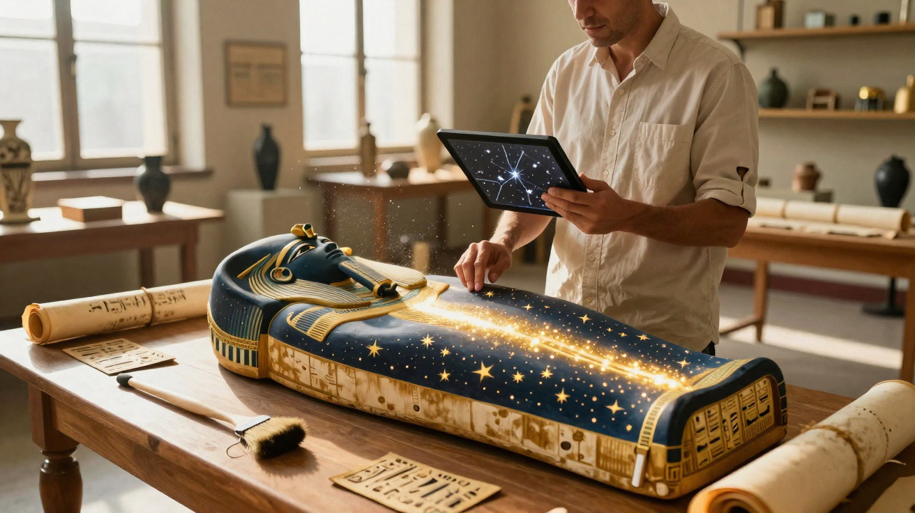 Homem analisa sarcófago egípcio com tablet mostrando estrelas em laboratório iluminado.