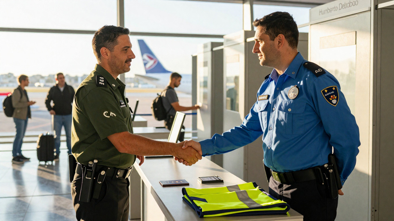 Dois policiais apertam as mãos em um aeroporto, com passageiros e avião ao fundo.