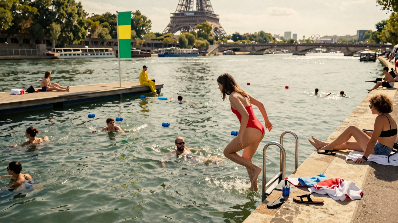 Pessoas nadando e relaxando no rio Sena com a Torre Eiffel ao fundo em um dia ensolarado.