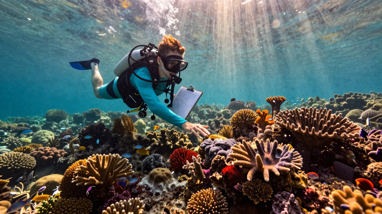 Mergulhadora científica com prancheta observa recife de corais coloridos iluminado pela luz do sol.