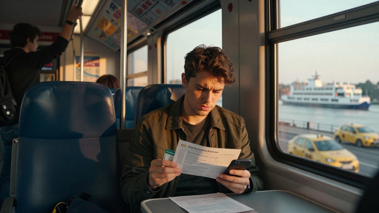 Jovem sentado em trem lê documento enquanto segura smartphone perto da janela com vista para barcos e carros.