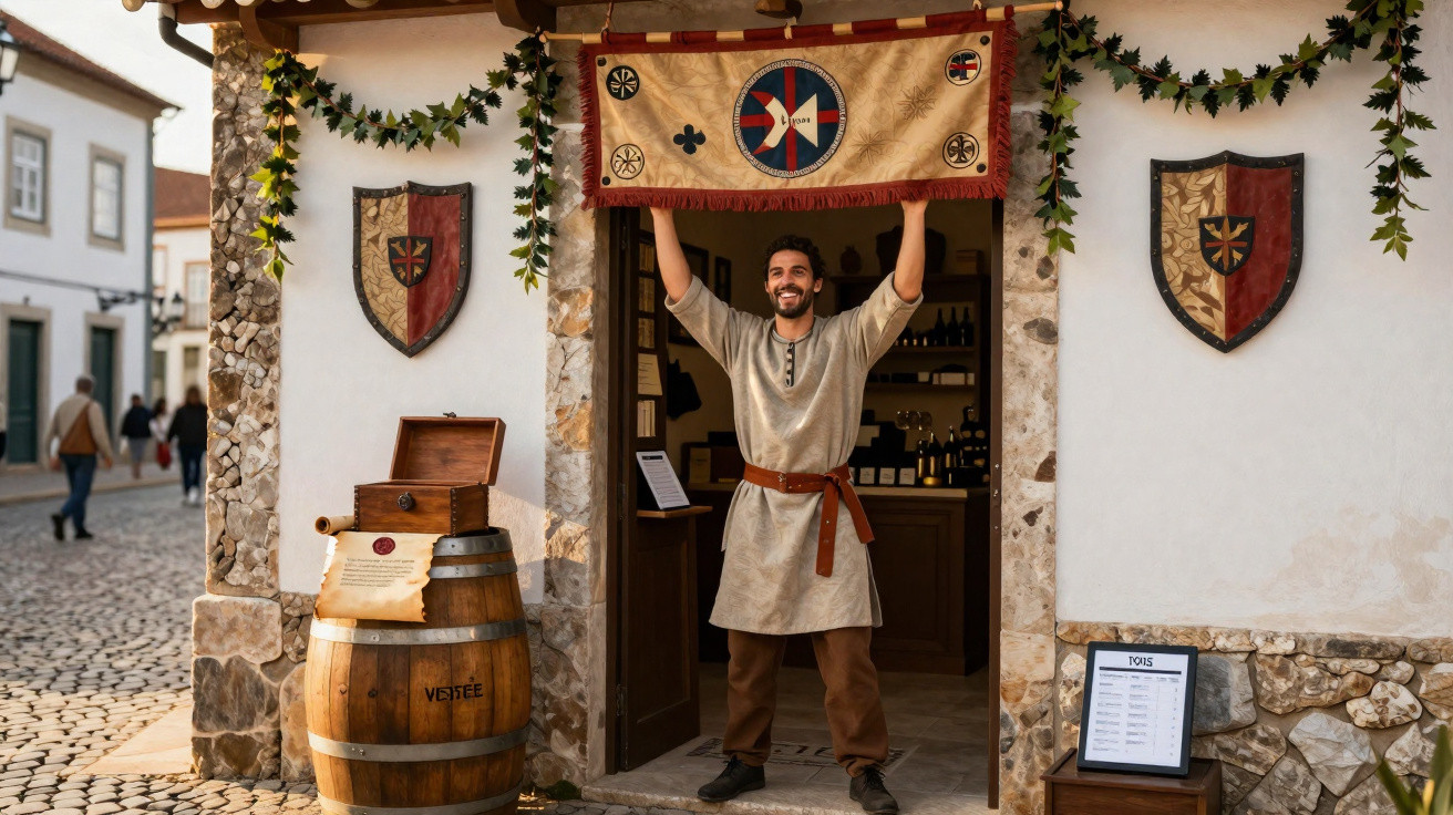 Homem vestido em trajes medievais segura estandarte na entrada de loja temática em vila histórica.