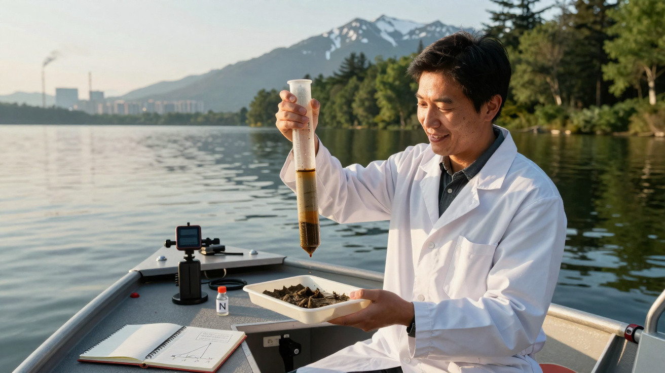 Cientista em barco coleta amostra de sedimento na água com montanhas e fábrica ao fundo.