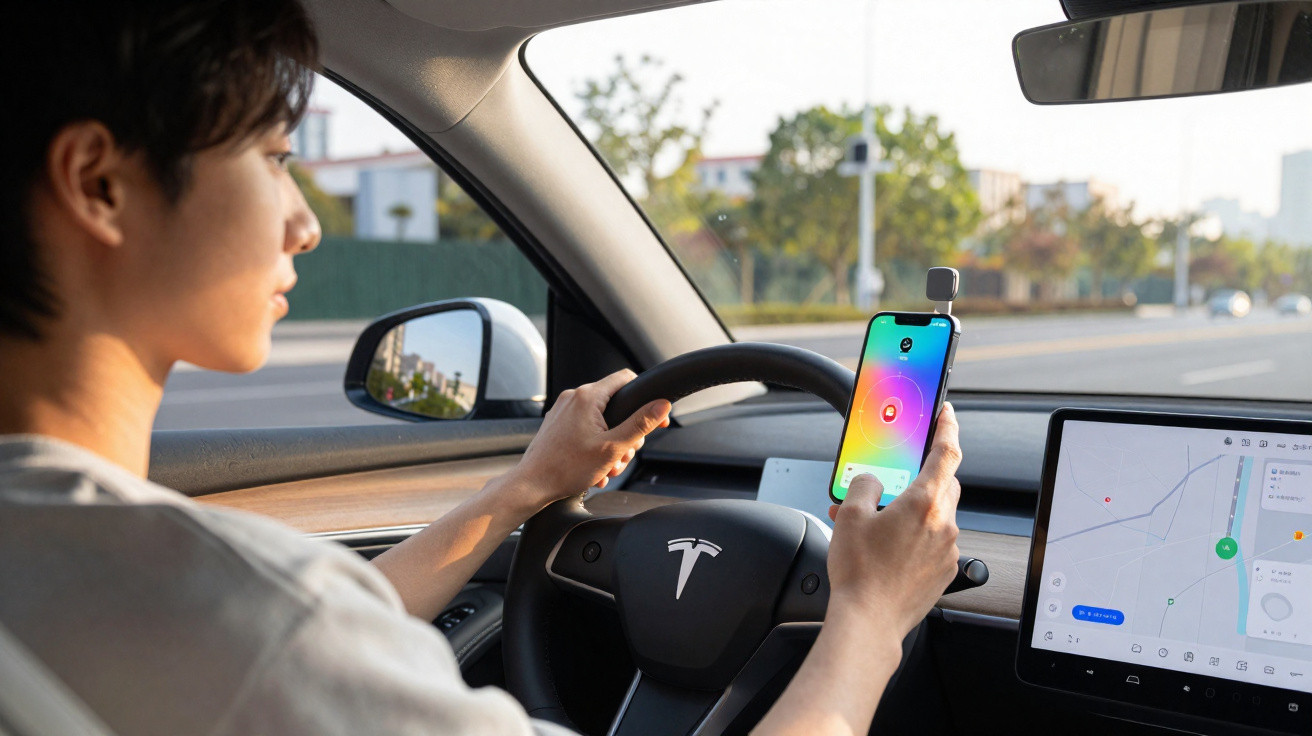 Pessoa dirigindo carro Tesla enquanto segura smartphone com tela colorida iluminada.