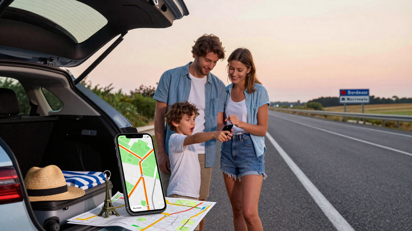 Família fazendo parada na estrada, consultando mapa e GPS no celular em fim de tarde.