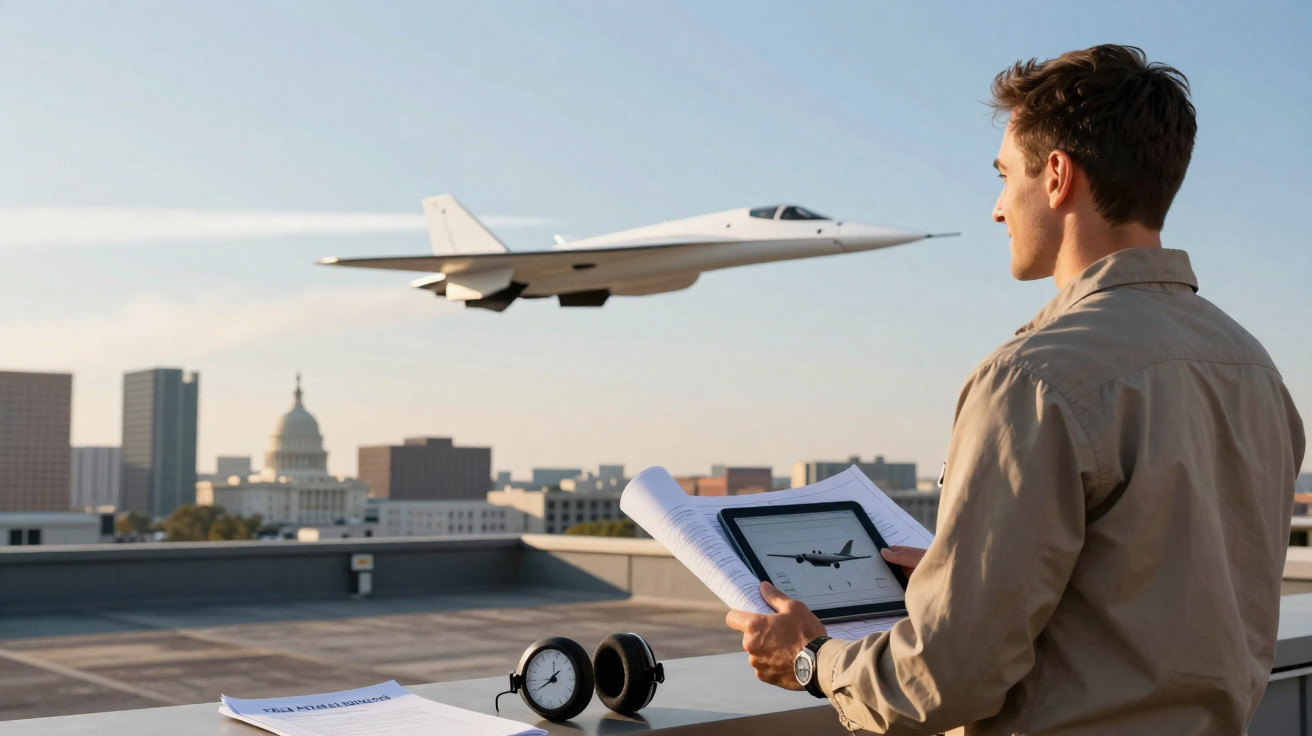 Homem observa avião futurista voando sobre edifícios enquanto segura plantas e tablet em telhado ao entardecer.