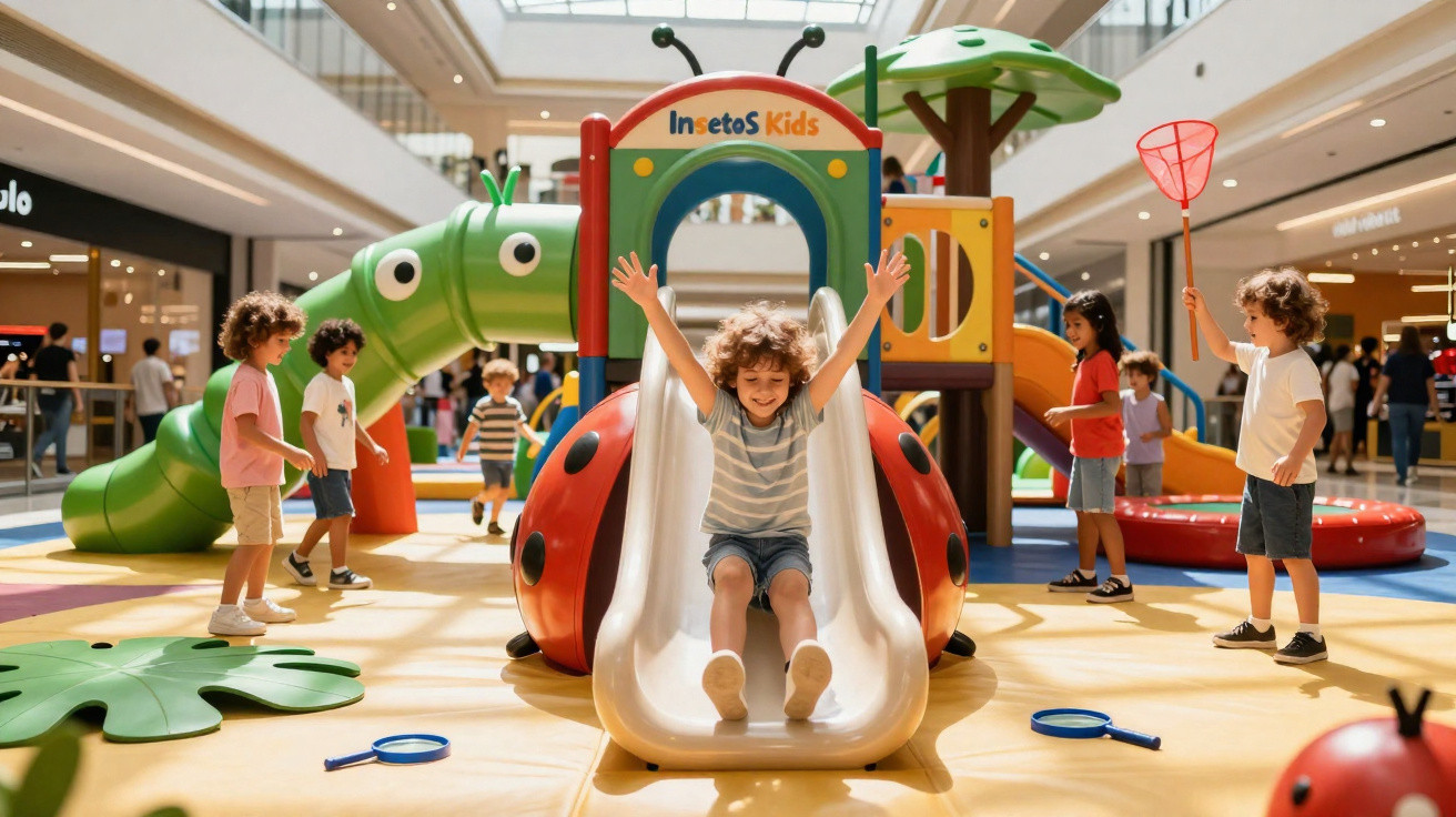 Crianças brincando em playground colorido com escorregador, túnel verde e brinquedos no shopping.