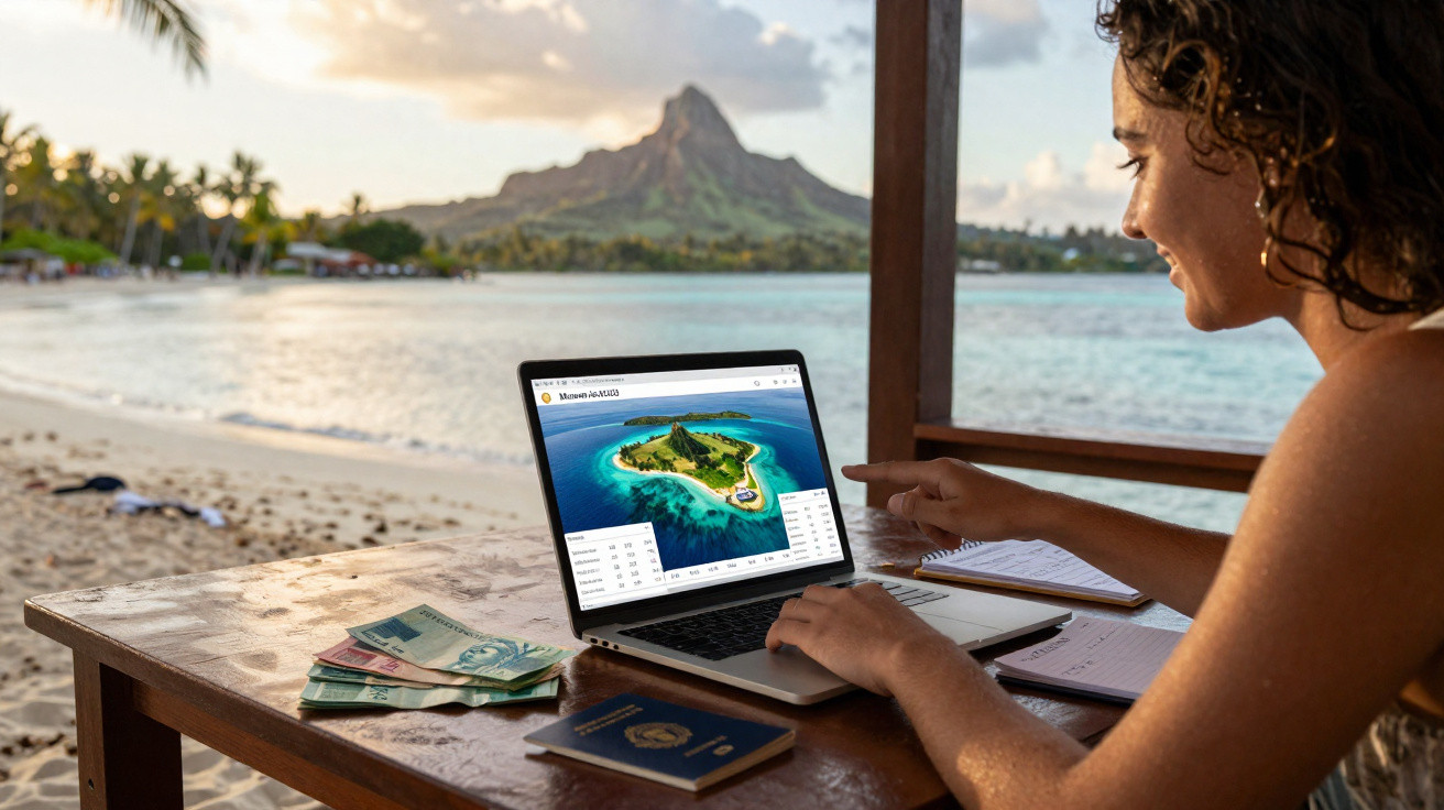 Mulher trabalhando em laptop na praia com dinheiro, passaporte e caderno ao lado durante o pôr do sol.