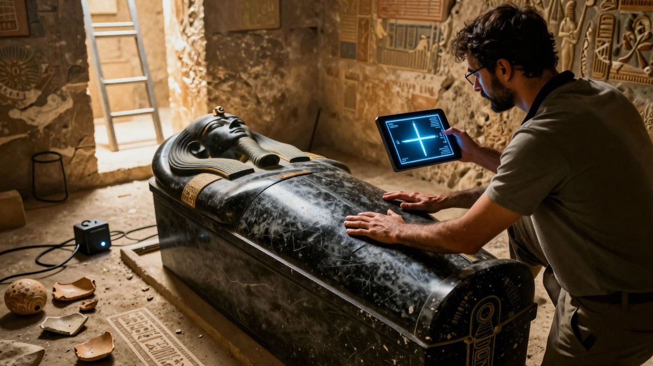Pesquisador analisando sarcófago egípcio com tablet em sítio arqueológico antigo.