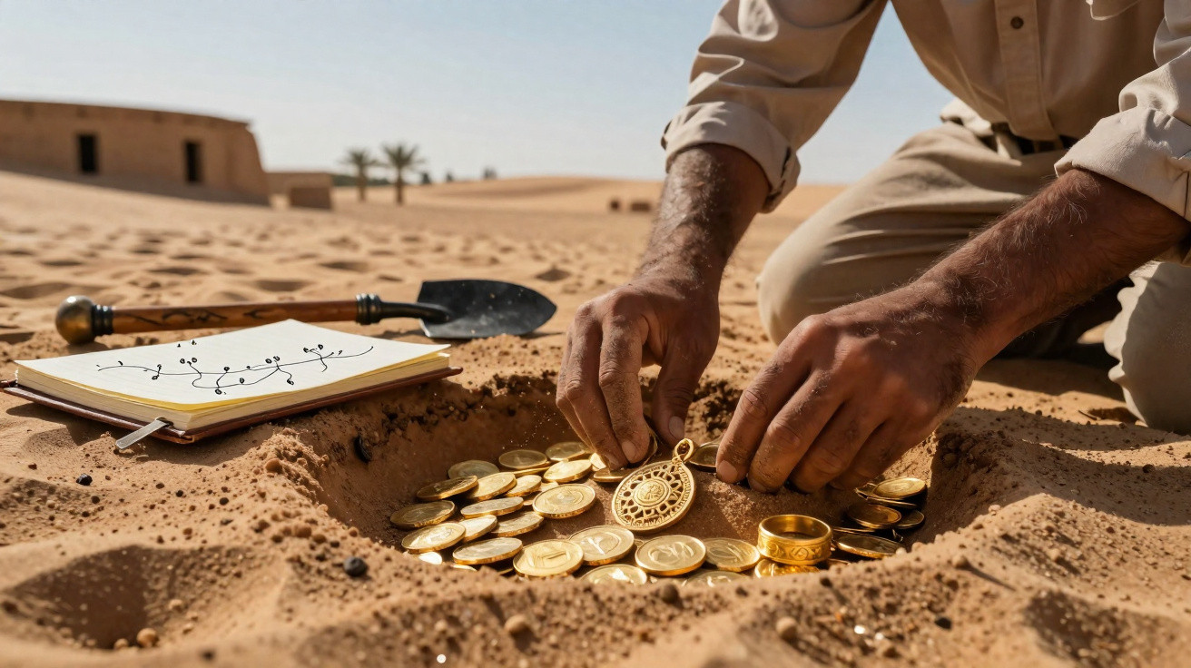 Mãos de homem enterrando ou desenterrando moedas e joias douradas na areia do deserto.