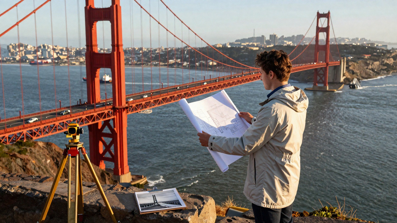 Homem com mapa e equipamento de medição próximo à Ponte Golden Gate sobre o mar em São Francisco.