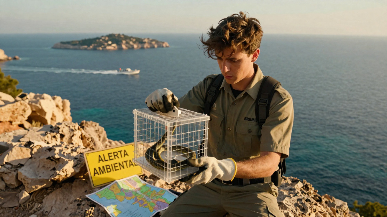 Jovem com uniforme segura caixa de transporte com cobra, praia e mar ao fundo, sinal de alerta ambiental e mapa no chão.
