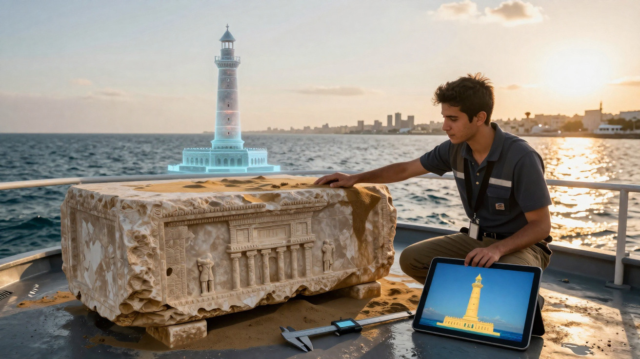 Jovem examina escultura antiga em barco com holograma de farol e tablet exibindo o mesmo farol ao pôr do sol.