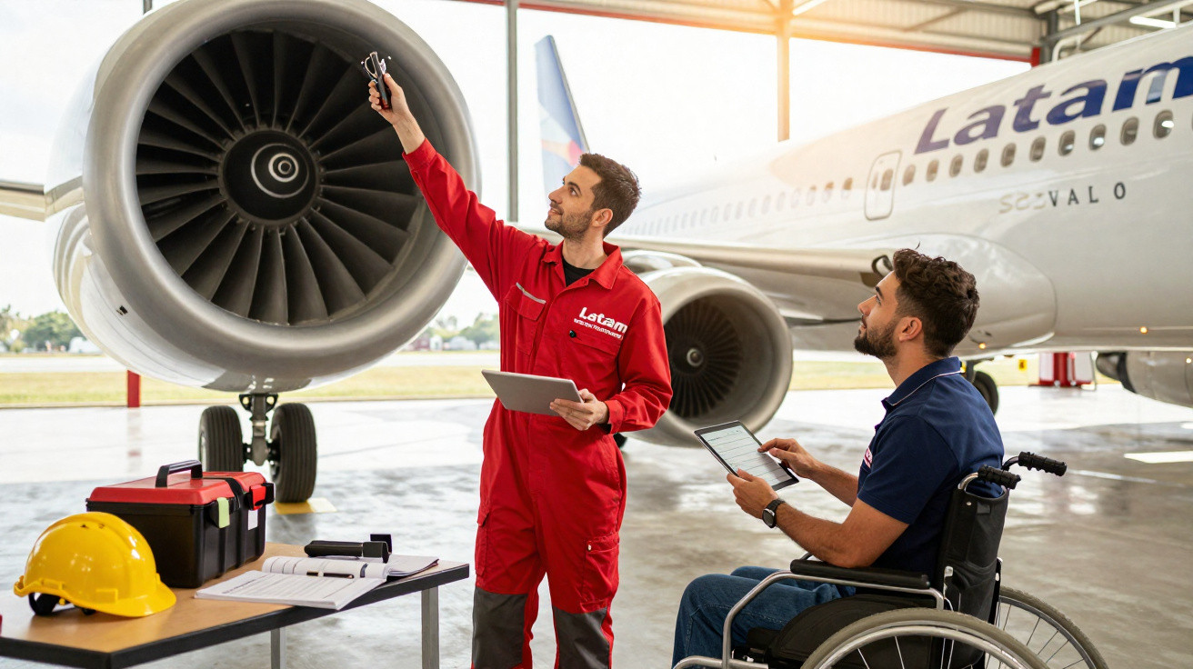 Técnicos da Latam em uniforme inspecionam turbina de avião em hangar, um usando cadeira de rodas.