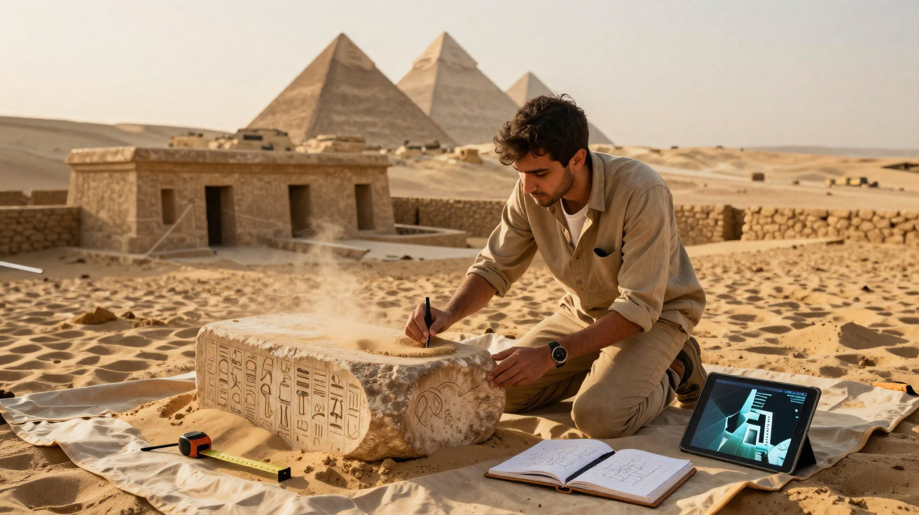 Arqueólogo escavando pedra com hieróglifos no deserto, com pirâmides ao fundo e equipamentos de estudo.