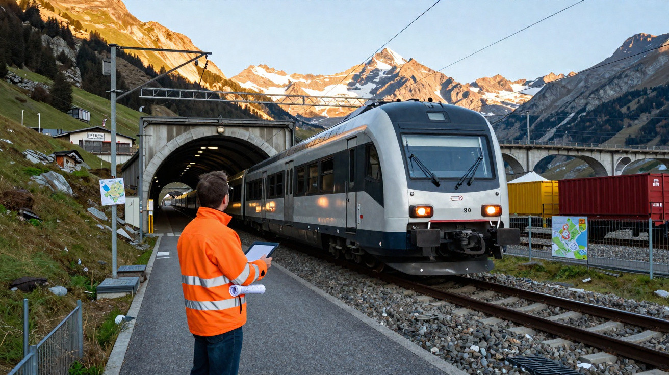 Homem com colete laranja observa trem saindo de túnel em área montanhosa com contêineres ao lado.