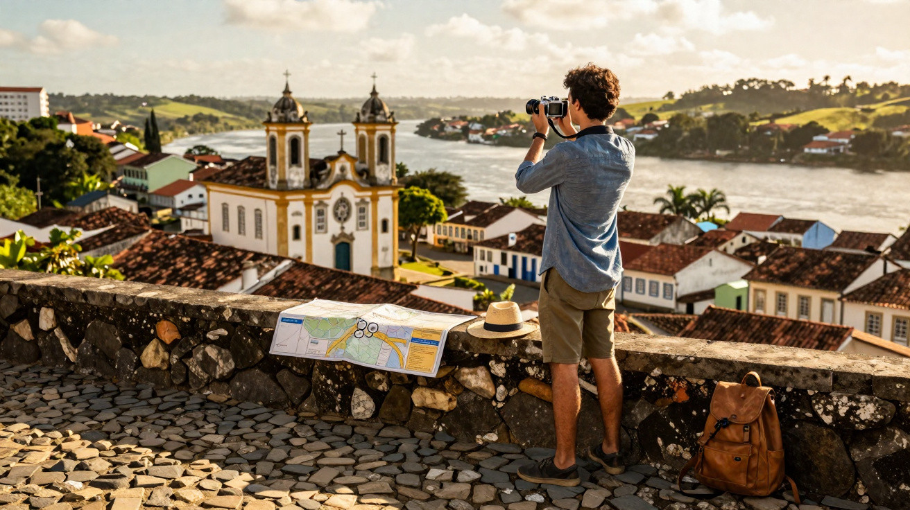 Turista com câmera observa cidade histórica com igrejas e rio ao fundo em dia ensolarado.