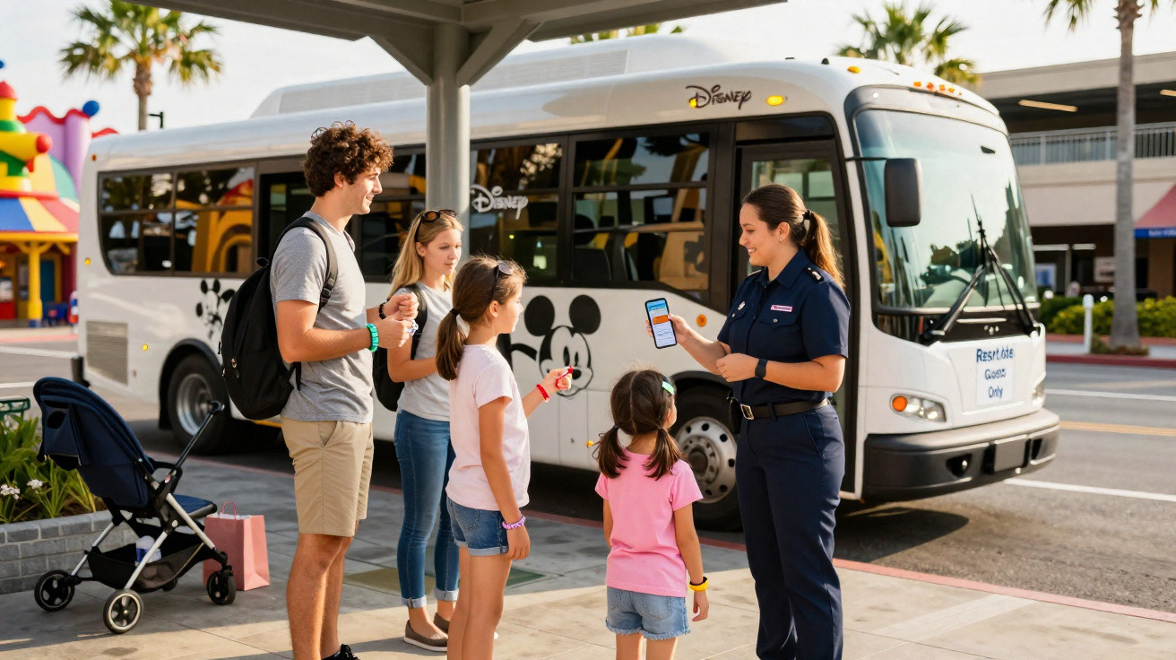 Família conversa com funcionária ao lado de ônibus Disney com tema do Mickey Mouse.