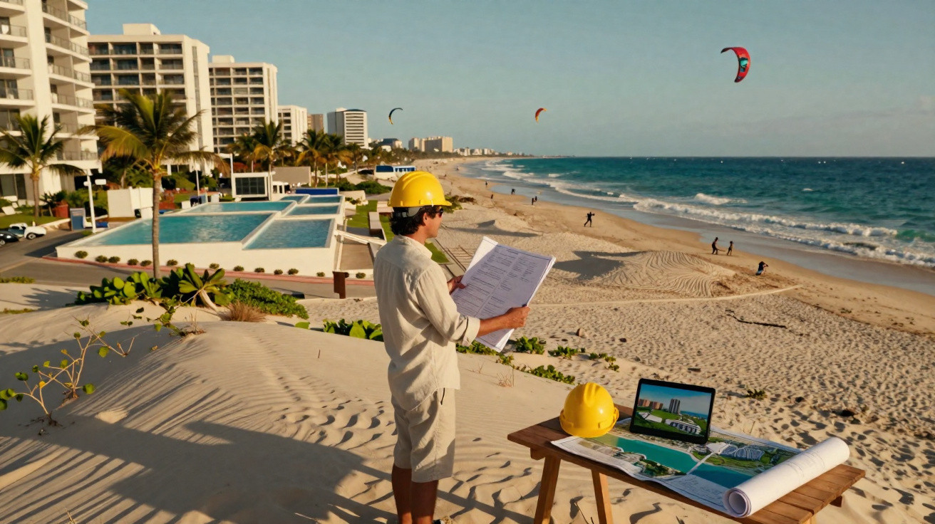 Engenheiro de capacete amarelo analisa projetos na praia com prédios, piscina e pessoas praticando kitesurf.