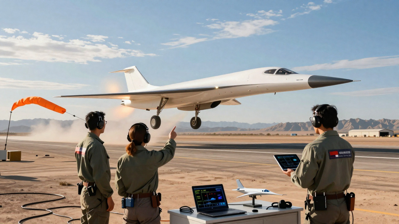 Pessoas com fones observando um avião futurista branco decolando em pista deserta com montanhas ao fundo.