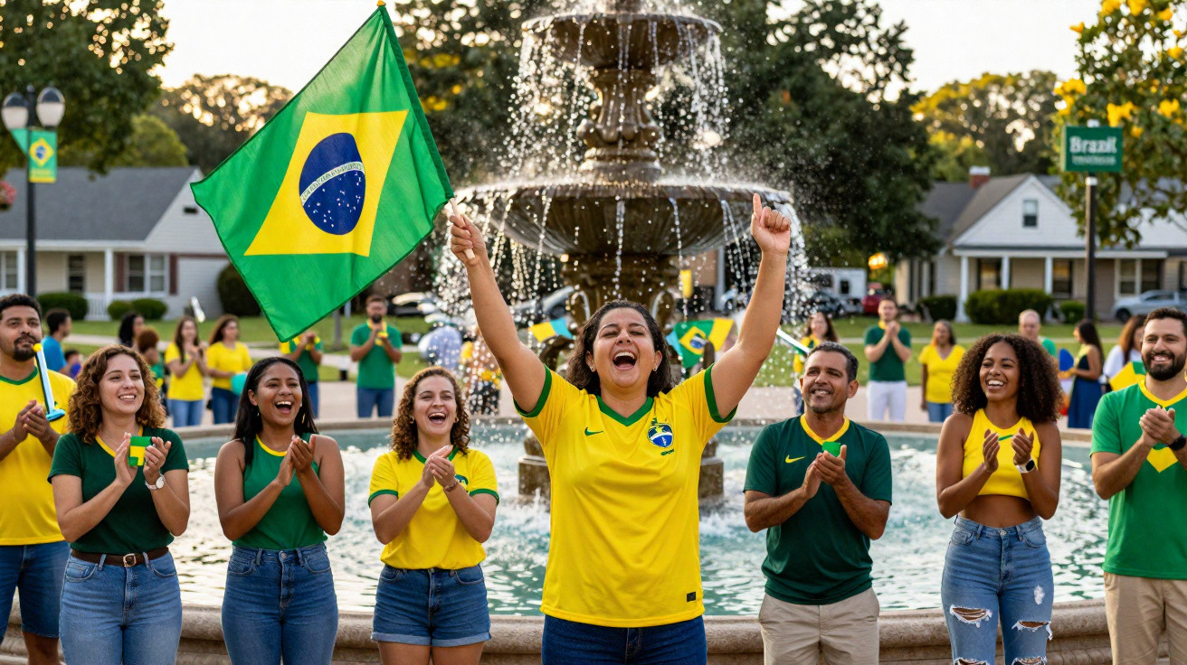 Grupo de pessoas com camisa do Brasil comemorando em frente a uma fonte, uma segura a bandeira nacional.