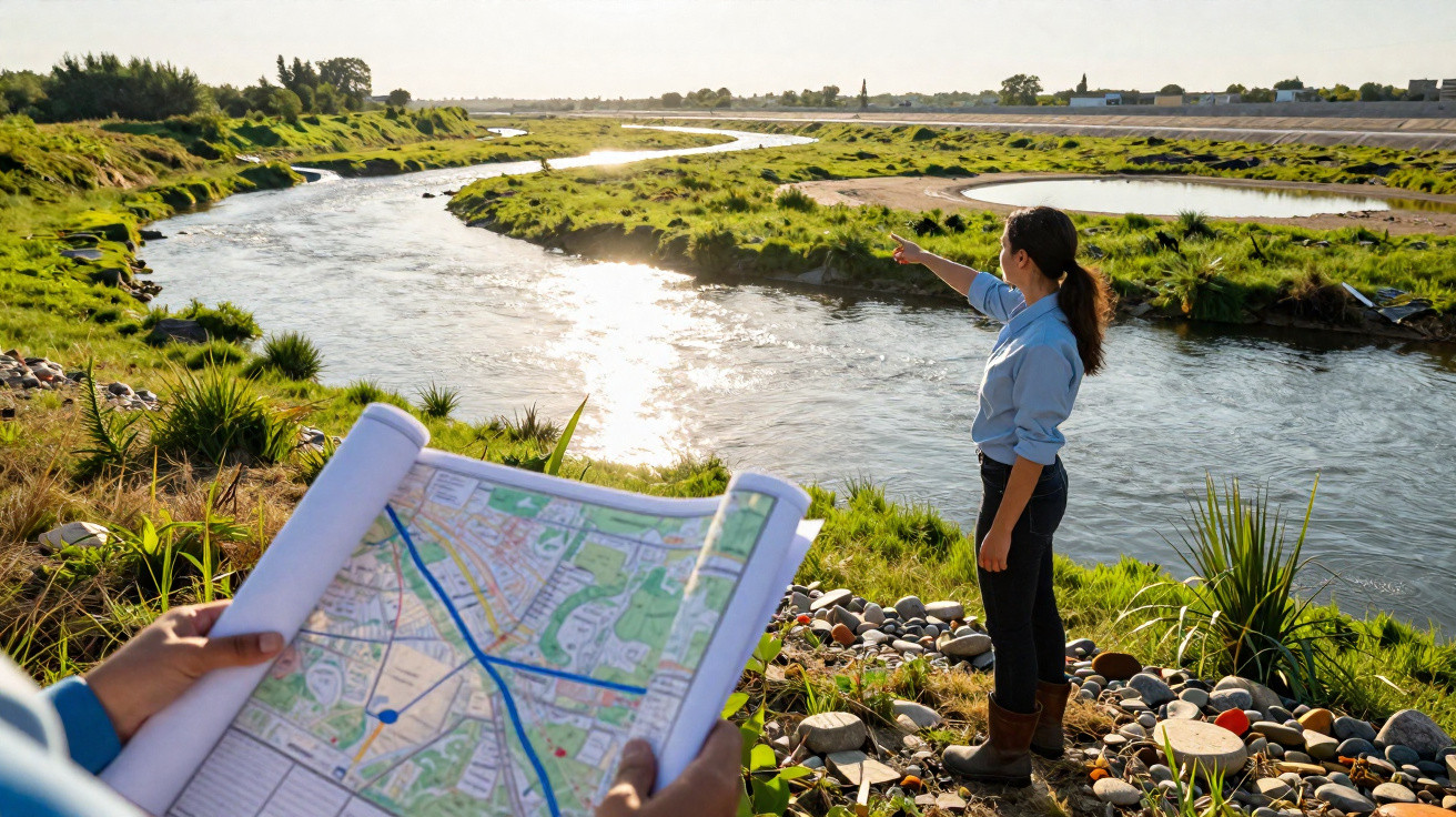 Mulher aponta para o rio enquanto outra pessoa segura um mapa em área verde às margens do rio.