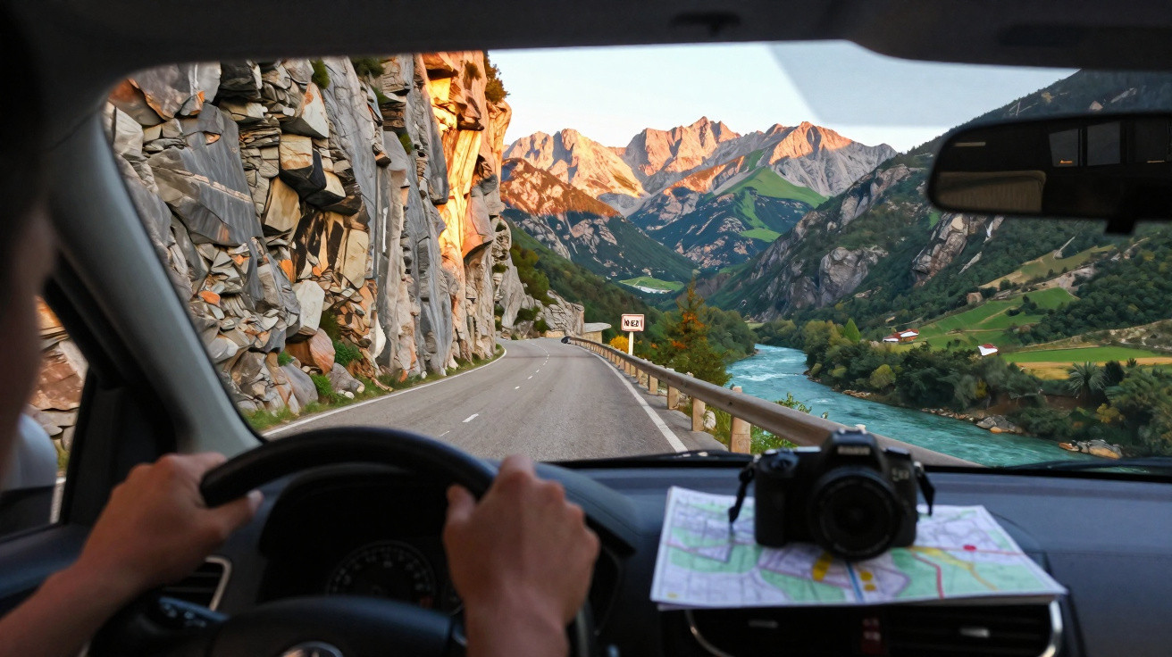 Vista de dentro do carro com mãos no volante, paisagem de estrada, montanhas rochosas e rio azul à direita.