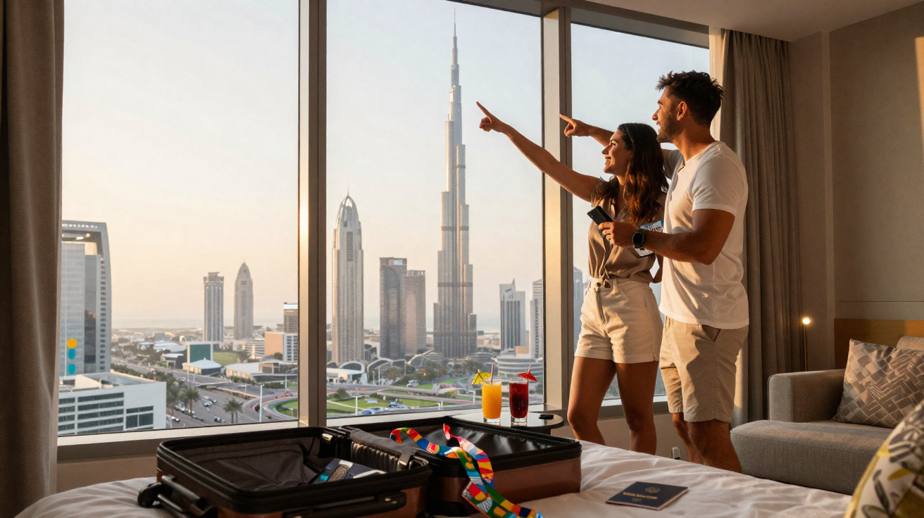 Casal em quarto de hotel em Dubai apontando para o Burj Khalifa ao pôr do sol, com mala aberta na cama.