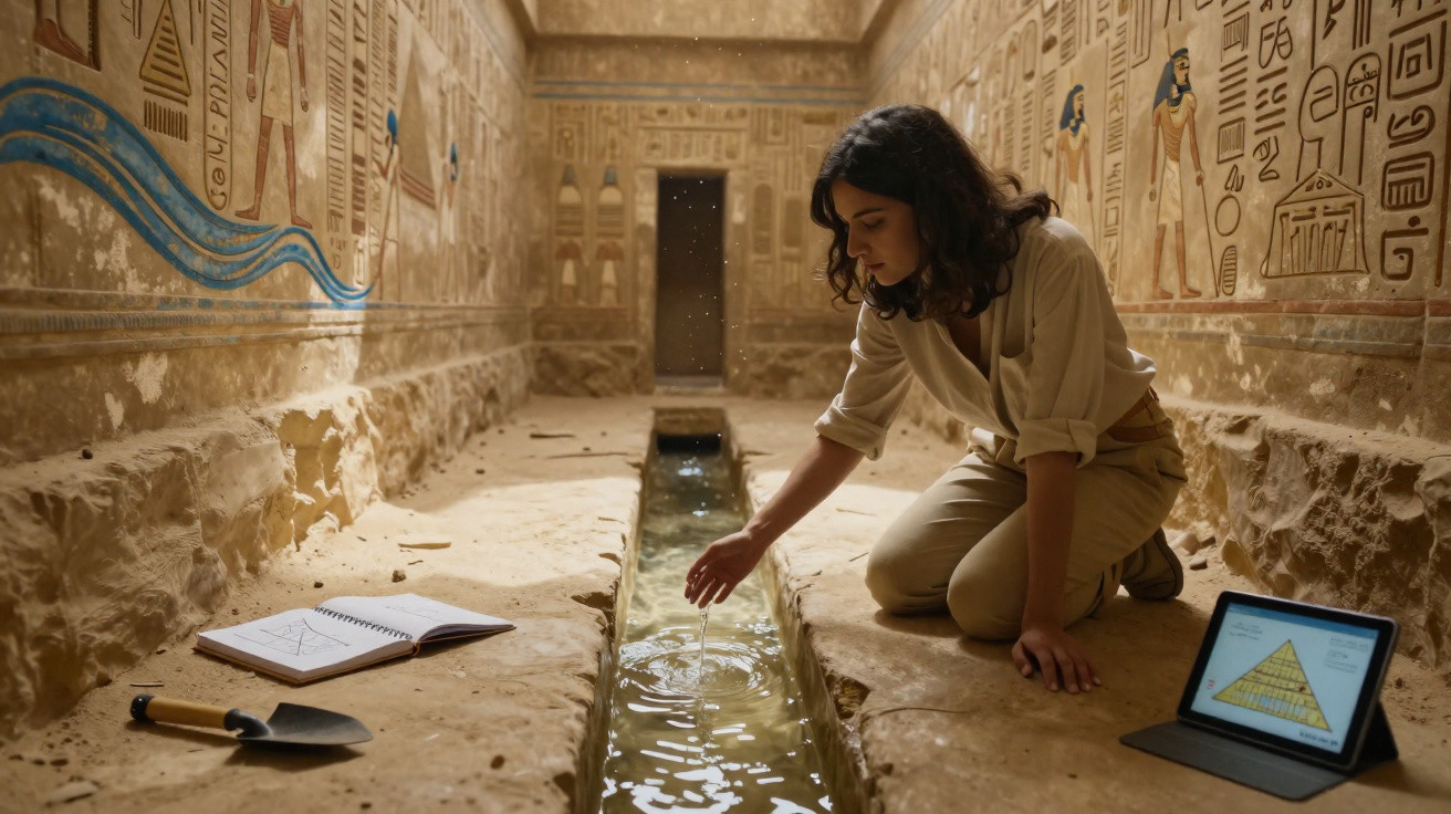 Mulher em sítio arqueológico egípcio tocando água em canal com desenhos e tablet ao lado.