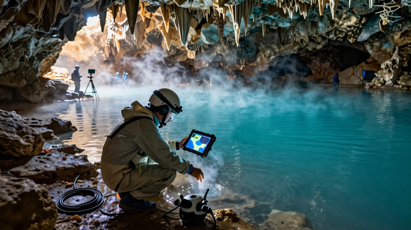 Cientista em caverna com capacete e equipamento, analisando dados perto de lago azul com estalactites.