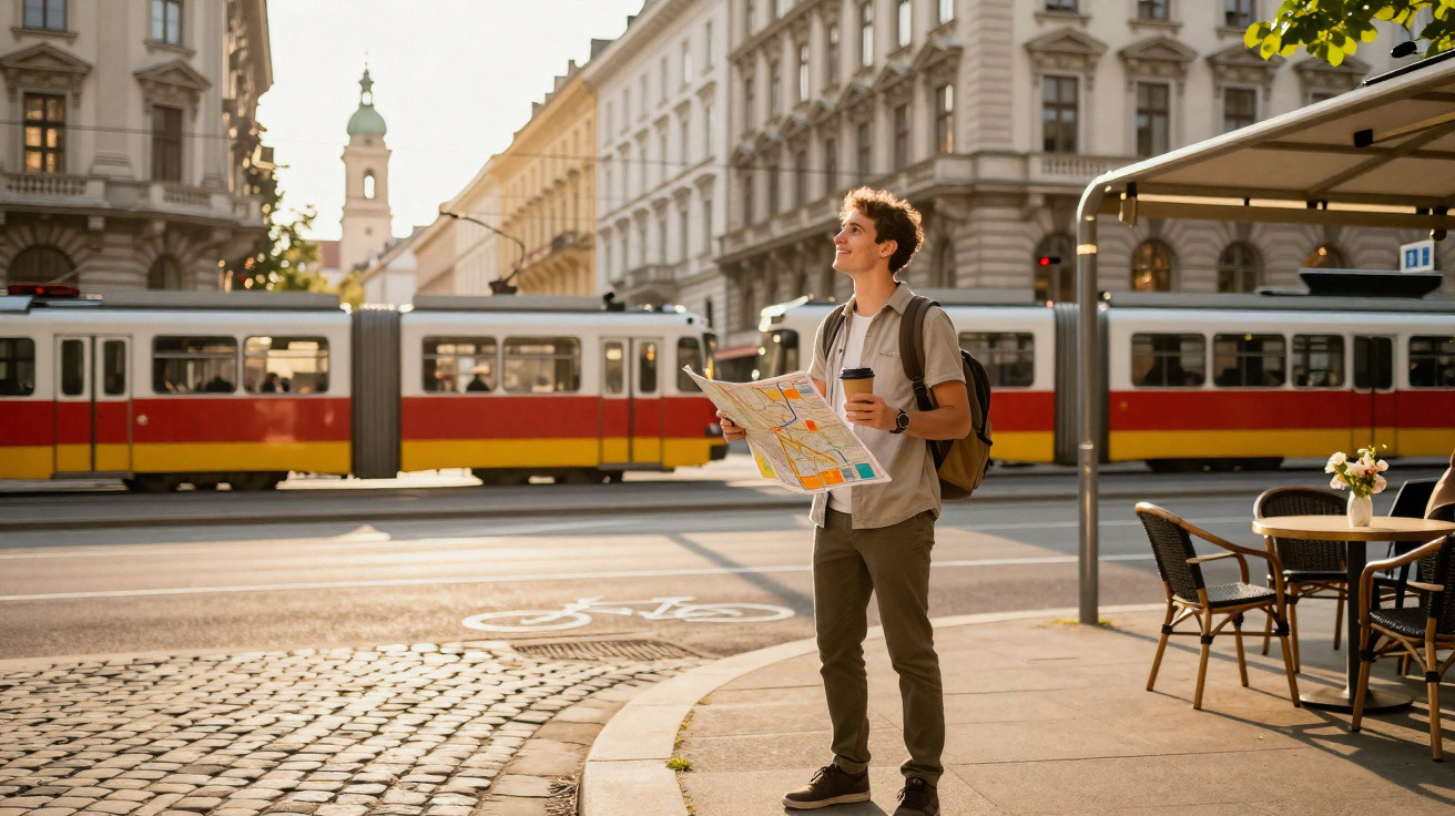 Jovem turista com mochila e mapa na mão, segurando café, em rua urbana com bonde ao fundo.