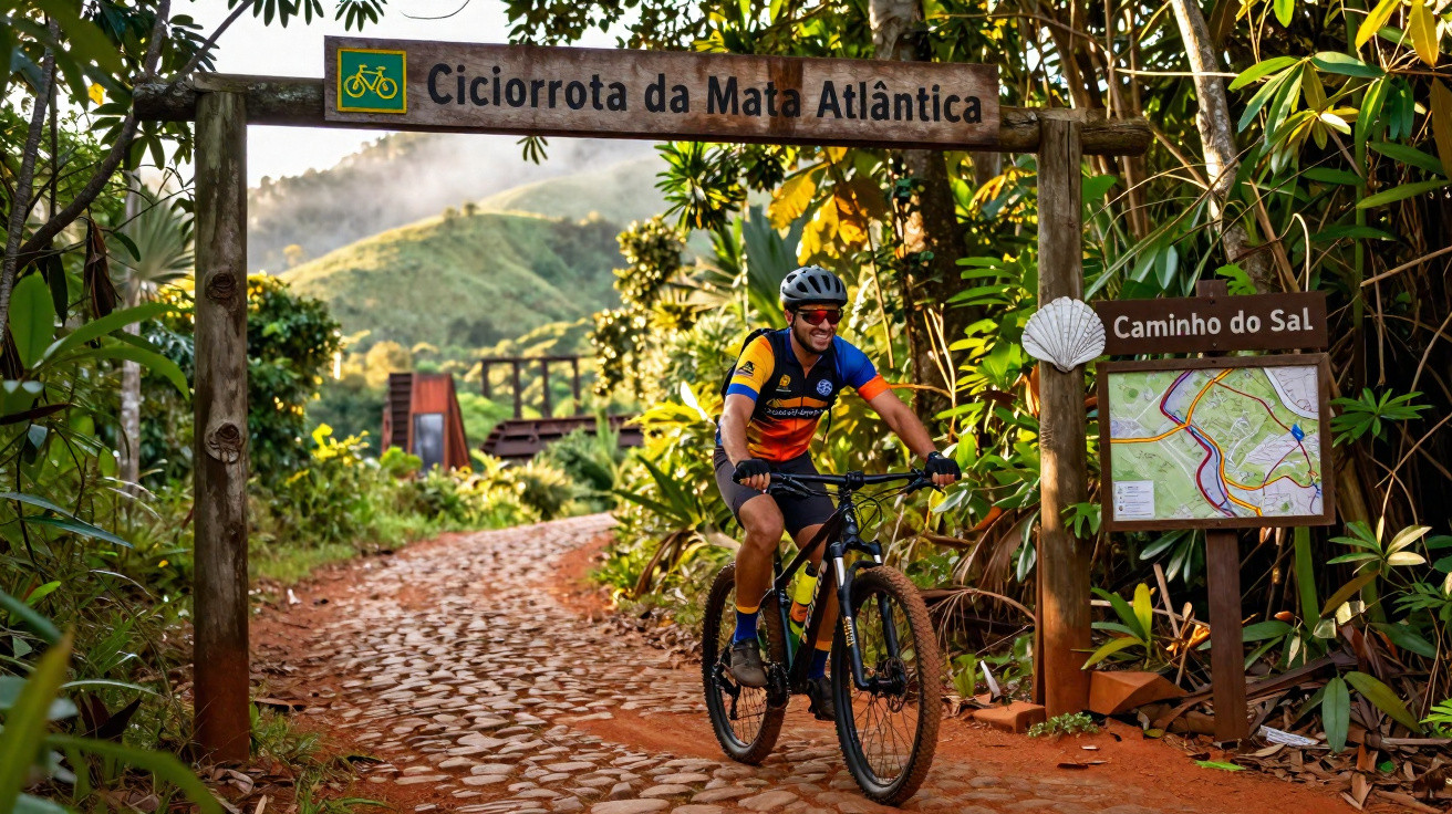 Ciclista passando por entrada da Ciciorrota da Mata Atlântica em trilha de terra com vegetação e placa do Caminho do Sal.